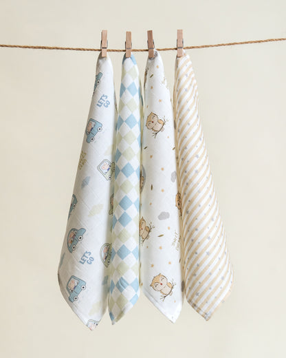 Twingle 100% Organic Muslin Wipes cum Wash Cloth-Naturally Softens With Each Wash-Quick Dry Fabric-Driver-Checks-Owls & Stars Print-Pack of 4-For Infants