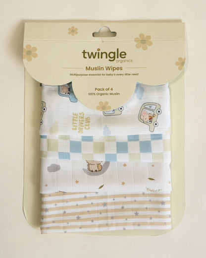 Twingle 100% Organic Muslin Wipes cum Wash Cloth-Naturally Softens With Each Wash-Quick Dry Fabric-Driver-Checks-Owls & Stars Print-Pack of 4-For Infants