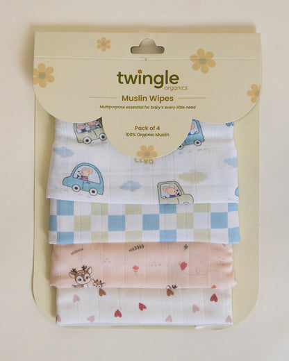Twingle 100% Organic Muslin Wipes cum Wash Cloth-Naturally Softens With Each Wash-Quick Dry Fabric-Driver-Checks-Deer & Hearts Print-Pack of 4-For Infants