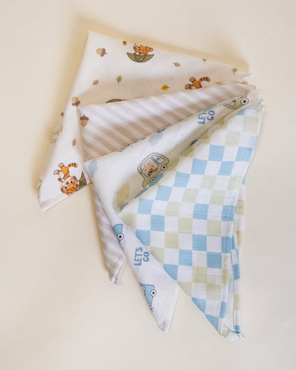 Twingle 100% Organic Muslin Wipes cum Wash Cloth-Naturally Softens With Each Wash-Quick Dry Fabric-Driver-Checks-Roars & Autumn Print-Pack of 4-For Infants