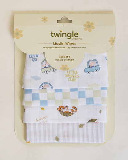 Twingle 100% Organic Muslin Wipes cum Wash Cloth-Naturally Softens With Each Wash-Quick Dry Fabric-Driver-Checks-Roars & Autumn Print-Pack of 4-For Infants