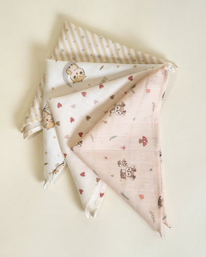 Twingle 100% Organic Muslin Wipes cum Wash Cloth-Naturally Softens With Each Wash-Quick Dry Fabric-Deer-Hearts-Owls & Stars Print-Pack of 4-For Infants
