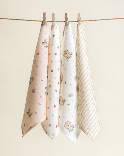 Twingle 100% Organic Muslin Wipes cum Wash Cloth-Naturally Softens With Each Wash-Quick Dry Fabric-Deer-Hearts-Owls & Stars Print-Pack of 4-For Infants
