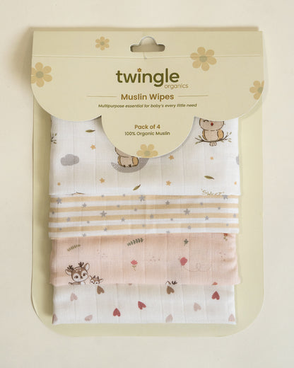 Twingle 100% Organic Muslin Wipes cum Wash Cloth-Naturally Softens With Each Wash-Quick Dry Fabric-Deer-Hearts-Owls & Stars Print-Pack of 4-For Infants