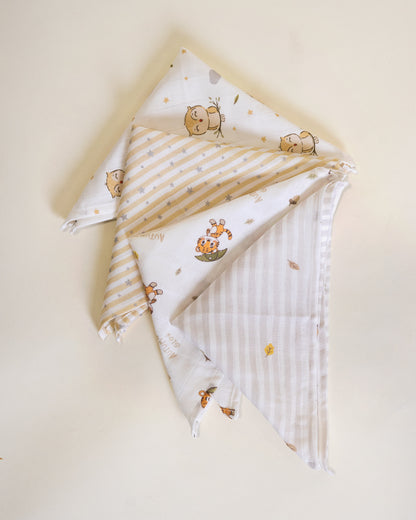 Twingle 100% Organic Muslin Wipes cum Wash Cloth-Naturally Softens With Each Wash-Quick Dry Fabric-Roars-Autumn-Owls & Stars Print-Pack of 4-For Infants