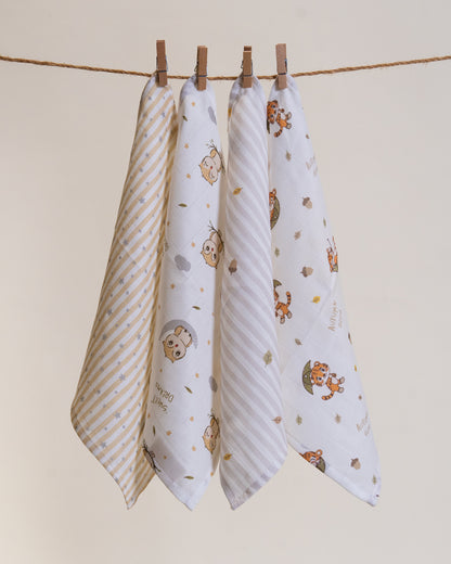 Twingle 100% Organic Muslin Wipes cum Wash Cloth-Naturally Softens With Each Wash-Quick Dry Fabric-Roars-Autumn-Owls & Stars Print-Pack of 4-For Infants