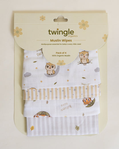 Twingle 100% Organic Muslin Wipes cum Wash Cloth-Naturally Softens With Each Wash-Quick Dry Fabric-Roars-Autumn-Owls & Stars Print-Pack of 4-For Infants