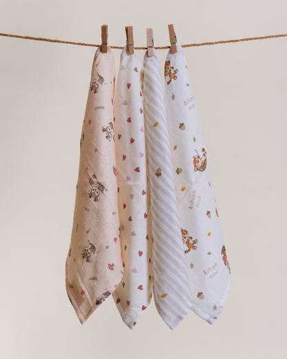 Twingle 100% Organic Muslin Wipes cum Wash Cloth-Naturally Softens With Each Wash-Quick Dry Fabric-Deer-Hearts-Roars & Autumn Print-Pack of 4-For Infants