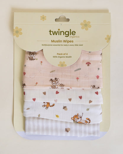 Twingle 100% Organic Muslin Wipes cum Wash Cloth-Naturally Softens With Each Wash-Quick Dry Fabric-Deer-Hearts-Roars & Autumn Print-Pack of 4-For Infants