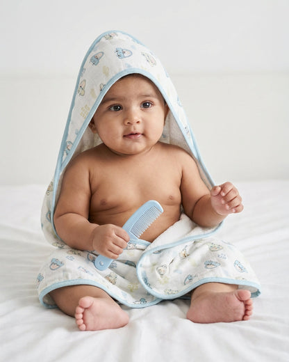 Twingle 100% Organic Muslin Hooded Towel with 2 Face Towels-Gentle on Delicate Skin-Backed by Highly Absorbent Terry-Little Drivers & Checks Print-Pack of 3-For Infants