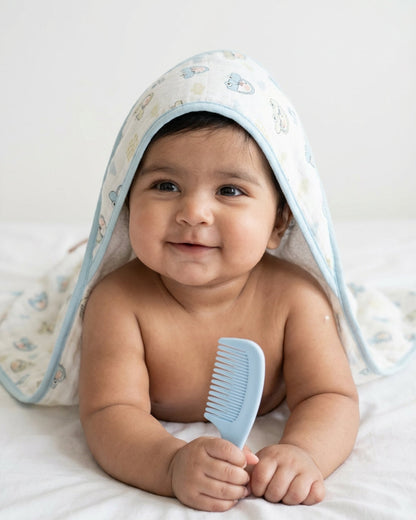 Twingle 100% Organic Muslin Hooded Towel with 2 Face Towels-Gentle on Delicate Skin-Backed by Highly Absorbent Terry-Little Drivers & Checks Print-Pack of 3-For Infants