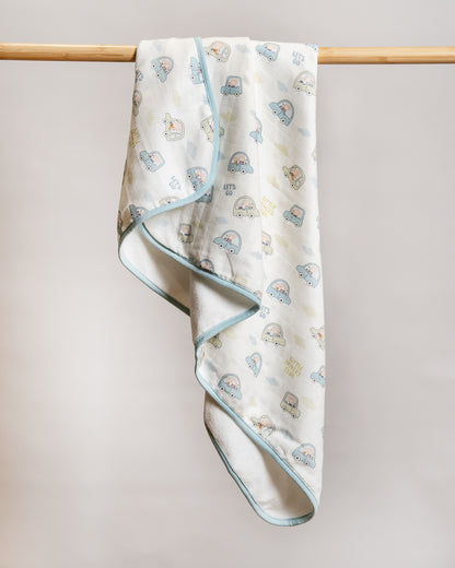 Twingle 100% Organic Muslin Baby Hooded Towel-Prevent Post Bath Chills-Ideal Coverage for Babies-Absorbs Moisture Quickly without Harsh Rubbing-Softens with Every Wash-Little Drivers-White-For Infants