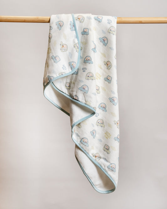 Twingle 100% Organic Muslin Baby Hooded Towel-Prevent Post Bath Chills-Ideal Coverage for Babies-Absorbs Moisture Quickly without Harsh Rubbing-Softens with Every Wash-Little Drivers-White-For Infants