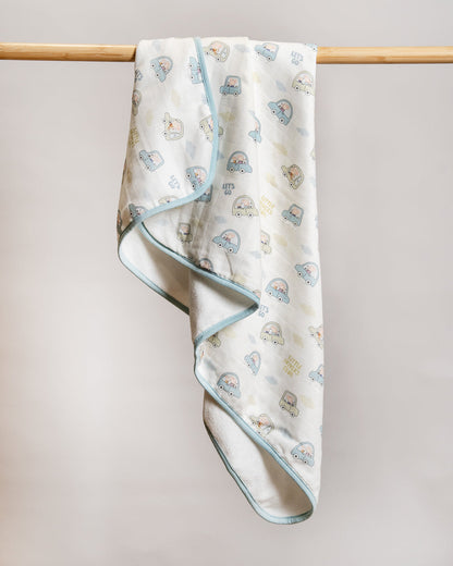 Twingle 100% Organic Muslin Hooded Towel with 2 Face Towels-Gentle on Delicate Skin-Backed by Highly Absorbent Terry-Little Drivers & Checks Print-Pack of 3-For Infants