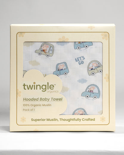 Twingle 100% Organic Muslin Baby Hooded Towel-Prevent Post Bath Chills-Ideal Coverage for Babies-Absorbs Moisture Quickly without Harsh Rubbing-Softens with Every Wash-Little Drivers-White-For Infants