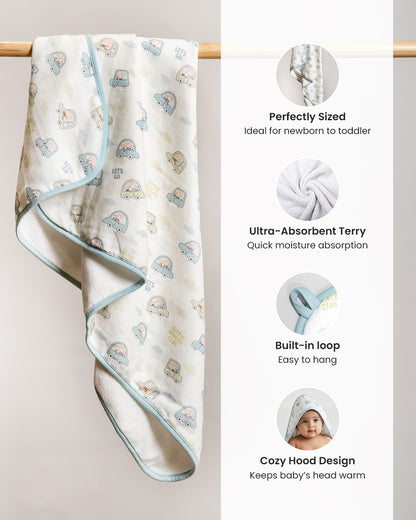 Twingle 100% Organic Muslin Baby Hooded Towel-Prevent Post Bath Chills-Ideal Coverage for Babies-Absorbs Moisture Quickly without Harsh Rubbing-Softens with Every Wash-Little Drivers-White-For Infants