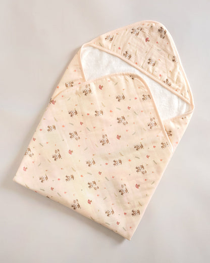 Twingle 100% Organic Muslin Hooded Towel with 2 Face Towels-Gentle on Delicate Skin-Backed by Highly Absorbent Terry-Deer & Hearts Print-Pack of 3-For Infants