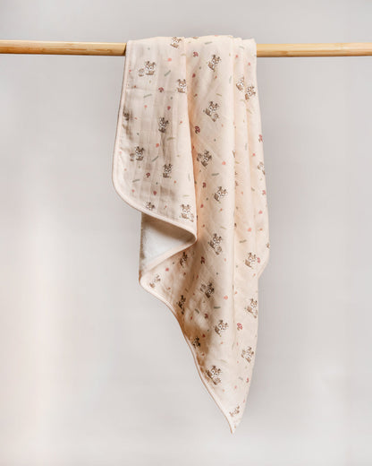 Twingle 100% Organic Muslin Hooded Towel with 2 Face Towels-Gentle on Delicate Skin-Backed by Highly Absorbent Terry-Deer & Hearts Print-Pack of 3-For Infants