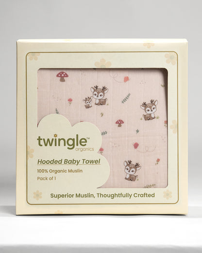 Twingle 100% Organic Muslin Baby Hooded Towel-Prevent Post Bath Chills-Ideal Coverage for Babies-Absorbs Moisture Quickly without Harsh Rubbing-Softens with Every Wash-Mama Deer-White-For Infants