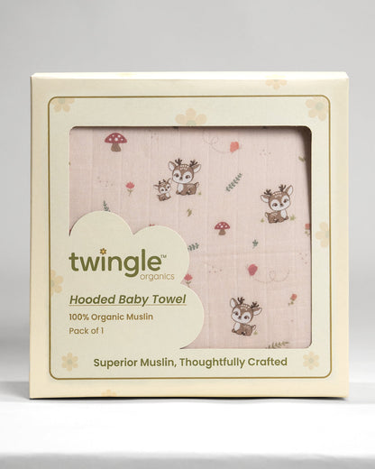 Twingle 100% Organic Muslin Hooded Towel with 2 Face Towels-Gentle on Delicate Skin-Backed by Highly Absorbent Terry-Deer & Hearts Print-Pack of 3-For Infants