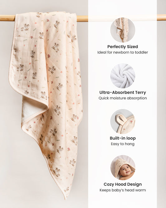 Twingle 100% Organic Muslin Baby Hooded Towel-Prevent Post Bath Chills-Ideal Coverage for Babies-Absorbs Moisture Quickly without Harsh Rubbing-Softens with Every Wash-Mama Deer-White-For Infants