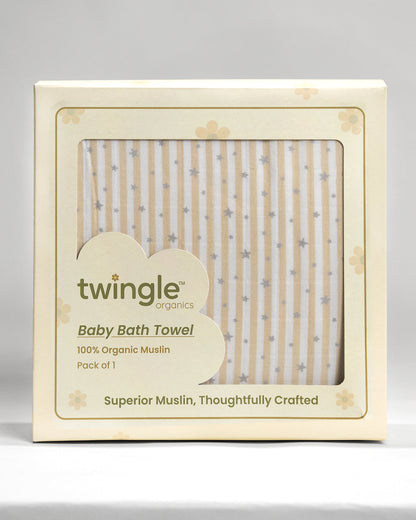 Twingle 100% Organic Muslin Towel with 2 Face Towels-Gentle on Delicate Skin-Backed by Highly Absorbent Terry-Owls & Stars Print-Pack of 3-For Infants