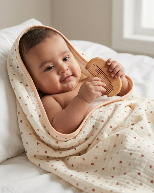 Twingle 100% Organic Muslin Baby Bath Towel-Generous Coverage for Comfortable Drying & Wrapping-Absorbs Moisture Quickly without Harsh Rubbing-Softens with Every Wash-Tiny Hearts-White-For Infants