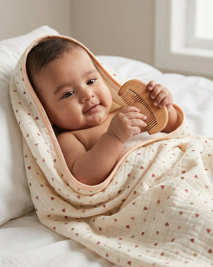 Twingle 100% Organic Muslin Towel with 2 Face Towels-Gentle on Delicate Skin-Backed by Highly Absorbent Terry-Deer & Hearts Print-Pack of 3-For Infants