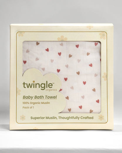 Twingle 100% Organic Muslin Baby Bath Towel-Generous Coverage for Comfortable Drying & Wrapping-Absorbs Moisture Quickly without Harsh Rubbing-Softens with Every Wash-Tiny Hearts-White-For Infants