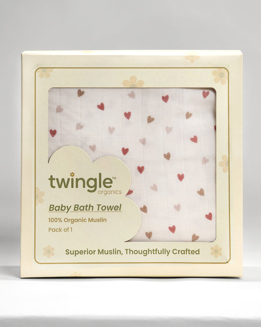 Twingle 100% Organic Muslin Baby Bath Towel-Generous Coverage for Comfortable Drying & Wrapping-Absorbs Moisture Quickly without Harsh Rubbing-Softens with Every Wash-Tiny Hearts-White-For Infants
