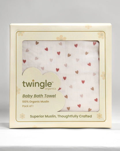 Twingle 100% Organic Muslin Towel with 2 Face Towels-Gentle on Delicate Skin-Backed by Highly Absorbent Terry-Deer & Hearts Print-Pack of 3-For Infants