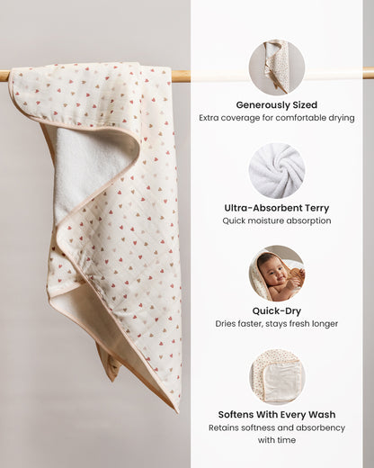Twingle 100% Organic Muslin Baby Bath Towel-Generous Coverage for Comfortable Drying & Wrapping-Absorbs Moisture Quickly without Harsh Rubbing-Softens with Every Wash-Tiny Hearts-White-For Infants