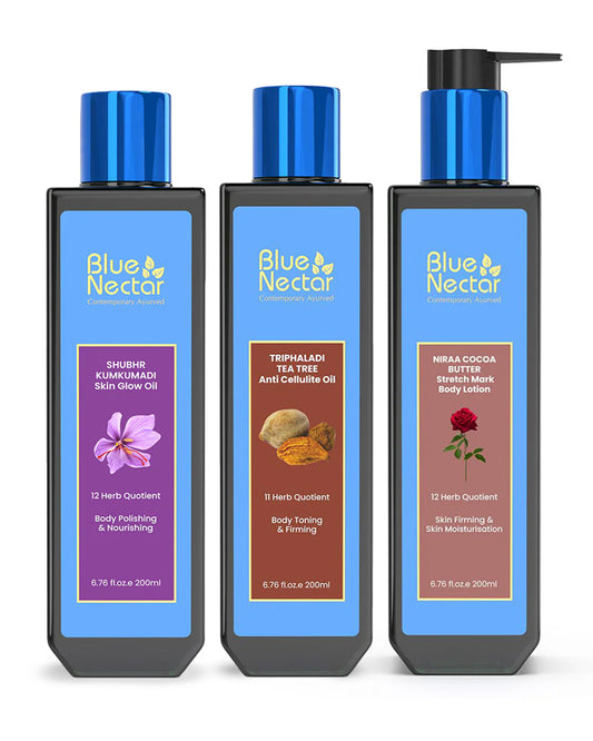 Blue Nectar Niraa Cocoa Butter-Stretch Marks Body Lotion, Stretch Marks Oil & Triphaladi Ayurvedic Fat Loss Slimming & Massage Oil-Skin Firming & Moisturization-200 ml