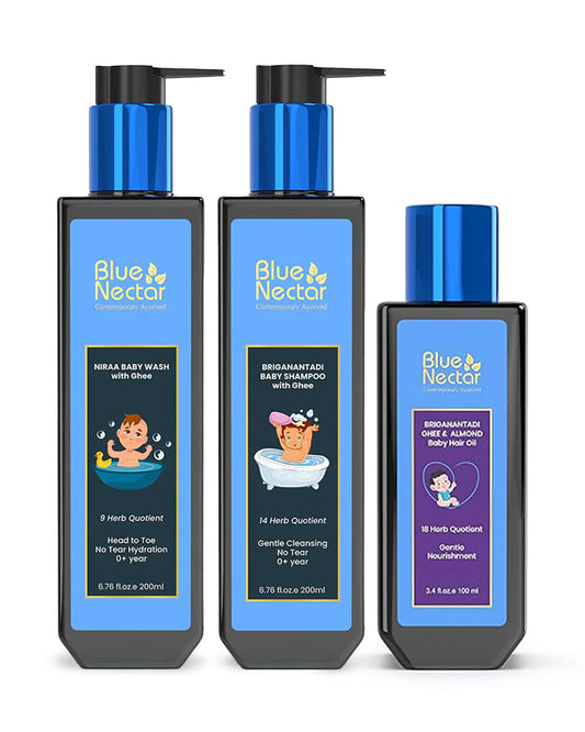 Blue Nectar Baby Hair Oil (100ml), Niraa Baby Top to Toe Wash (200ml) & Briganantadi Baby Shampoo (200ml)-For Gentle Cleansing & Hydration
