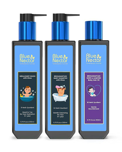 Blue Nectar Baby Hair Oil, Niraa Baby Top to Toe Wash & Briganantadi Baby Shampoo-For Gentle Cleansing & Hydration-200 ml