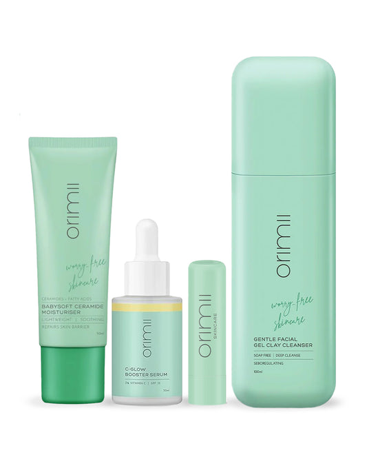Orimii Gentle Facial Gel Clay Cleanser (100ml), C-Glow Booster Serum-SPF 15-With Vitamin C (30ml), Ceramide Moisturiser (50ml), Moisturising Lip Balm (4.5g)-Hydration & Repair-Pregnancy & Breastfeeding Safe