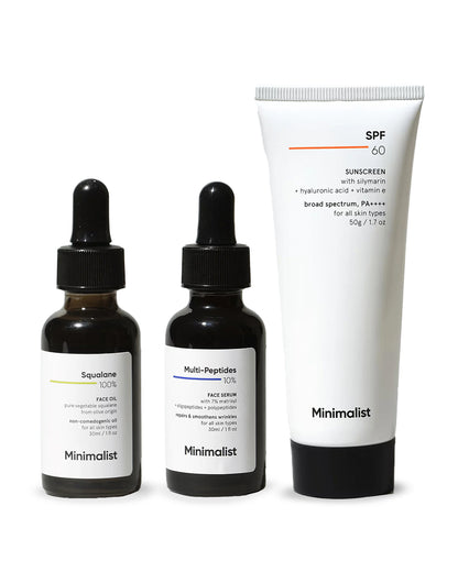 Minimalist 10% Multi-Peptides Face Serum (30ml), Squalane Face Oil (30ml) & SPF 60 PA ++++ Sunscreen-Pregnancy & Breastfeeding Safe
