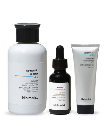 Minimalist 5% Aquaporin Booster Face Wash, 10% Vitamin C Face Serum & 0.3% Ceramides & Madecassoside Face Moisturizer-Pregnancy & Breastfeeding Safe