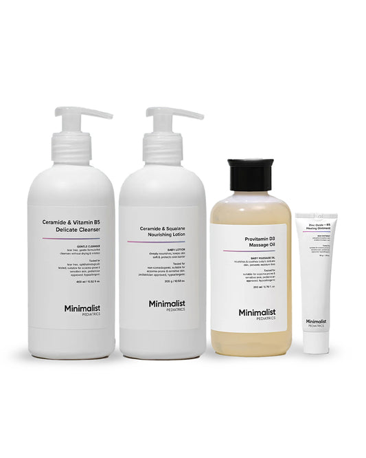 Minimalist Ceramide & Vitamin B5 Delicate Cleanser (400ml), Ceramide & Squalane Nourishing Baby Lotion (300g), Provitamin D3 Baby Massage Oil (200ml) & Zinc Oxide + B5 Healing Ointment-Diaper Rash Cream (50g)