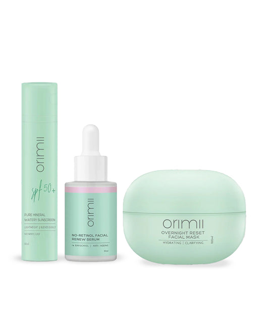 Orimii No-Retional Facial Serum (30ml), Overnight Reset Facial Mask (100ml) & SPF 50+ Mineral Sunscreen (50ml)-Pregnancy & Breastfeeding Safe