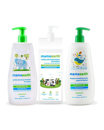 Mamaearth Deeply Nourishing Baby Body Wash, Gentle Cleansing Baby Shampoo & Milky Soft Baby Body Lotion-400ml