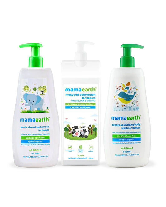 Mamaearth Deeply Nourishing Baby Body Wash, Gentle Cleansing Baby Shampoo & Milky Soft Baby Body Lotion-400ml