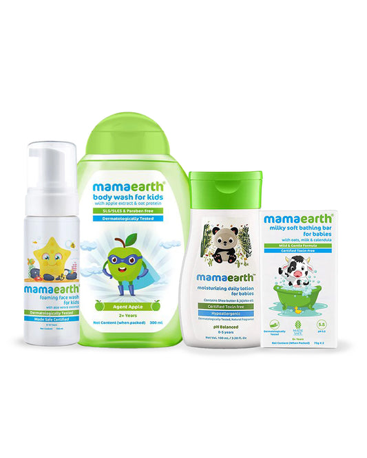 Mamaearth Foaming Kids Face Wash (150ml), Kids Body Wash (300ml), Milky Soft Baby Soap Bar (Packof 2) & Moisturizing Daily Baby Lotion (100ml)