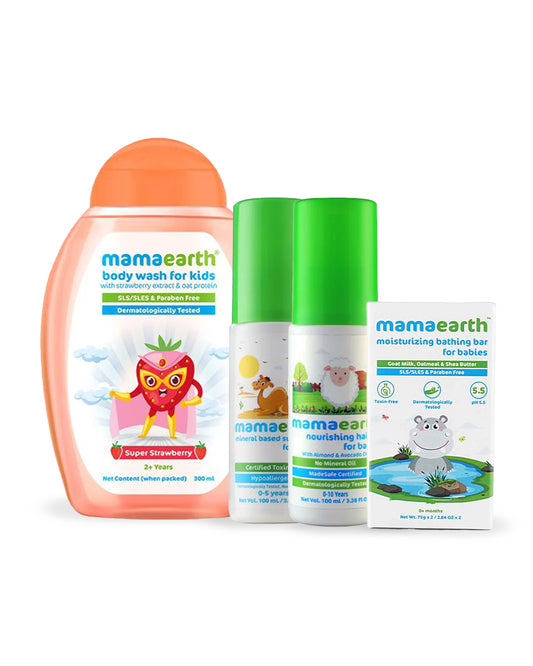 Mamaearth Kids Body Wash (300ml), Mineral Based SPF20+ Baby Sunscreen (100ml), Moisturizing Baby Soap Bar (Pack of 2) & Nourishing Baby Hair Oil (100ml)
