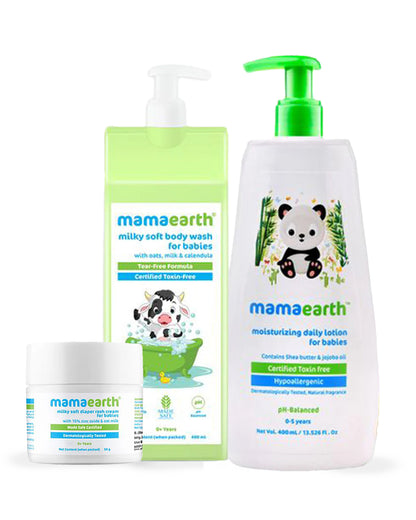 Mamaearth Milky Soft Baby Body Wash (400ml), Milky Soft Diaper Rash Cream (50g) & Moisturizing Daily Baby Lotion (400ml)
