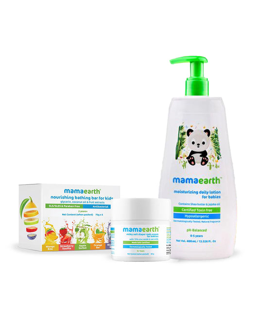 Mamaearth Nourishing Baby Soap Bar (Pack of 5), Milky Soft Diaper Rash Cream (50g) & Moisturizing Daily Baby Lotion (400ml)