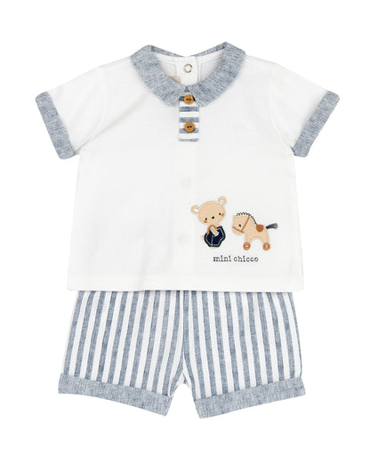 Chicco White & Blue T-shirt & Shorts Set-Striped-Cotton-For Infants