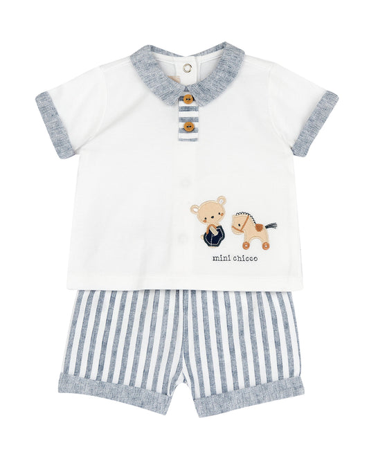 Chicco White & Blue T-shirt & Shorts Set-Striped-Cotton-For Infants