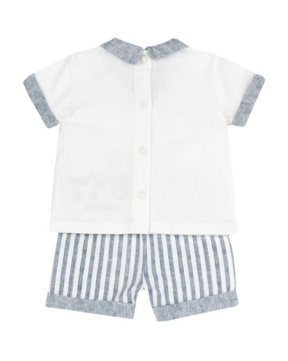 Chicco White & Blue T-shirt & Shorts Set-Striped-Cotton-For Infants