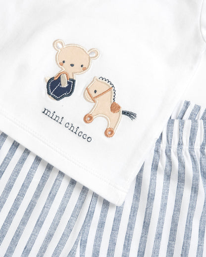 Chicco White & Blue T-shirt & Shorts Set-Striped-Cotton-For Infants